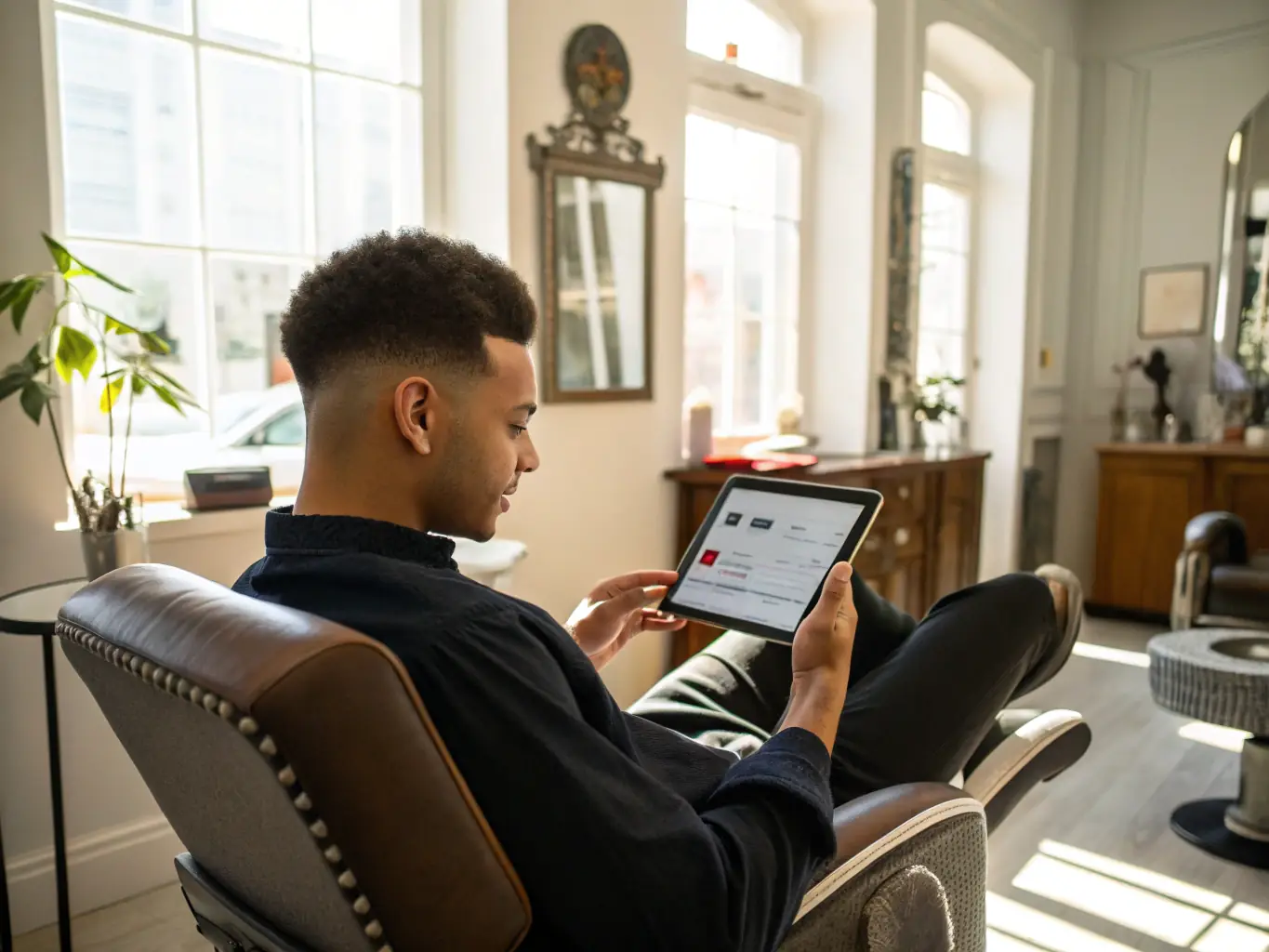 An image depicting a barber shop owner filling out an online application form on a tablet, with a friendly GrowRx representative assisting them.