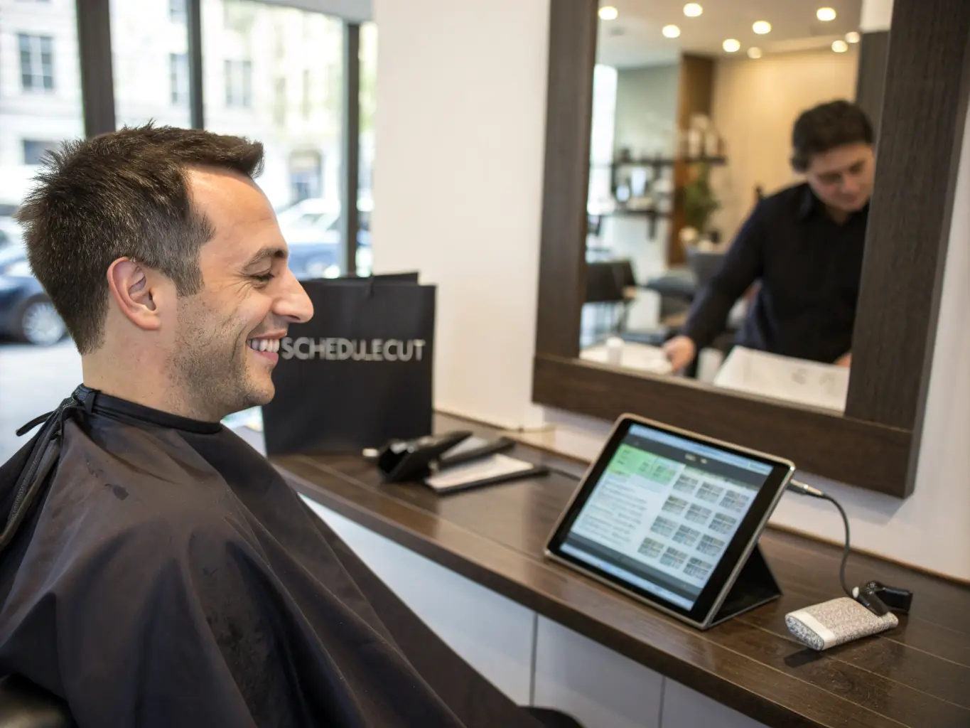 An image of a barber shop owner smiling while checking their GrowRx earnings dashboard on a smartphone.